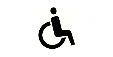 Grafika z białym tłem i czarną ikoną z wózkiem inwalidzkim. 