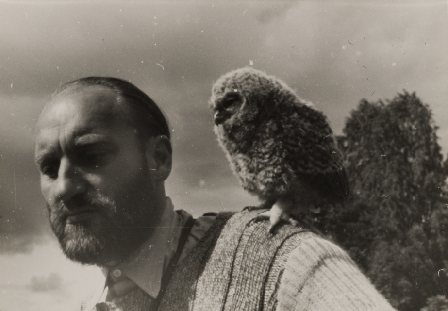 Graphics in gray tones. It depicts Wlodzimierz Puchalski with a bird perched on his nose. 