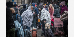 Photograph taken by Justyna Mielnikiewicz. Winter, people with suitcases. In the foreground stands a dog. 
