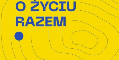 Yellow graphics with blue text.