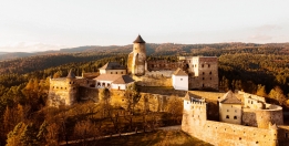 Pictured is the old castle. It's surrounded by forest. A bird's eye view. 