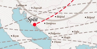 A fragment of the map of Europe with Split marked