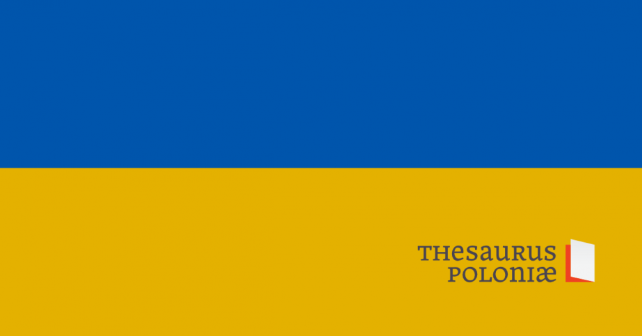 The flag of Ukraine with the inscription Thesaurus Poloniae.
