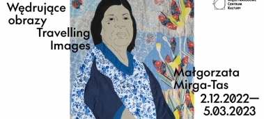 A banner with a graphic by Margaret Mirga-Tas, depicting a woman. Captions with the name and date of the exhibition. 