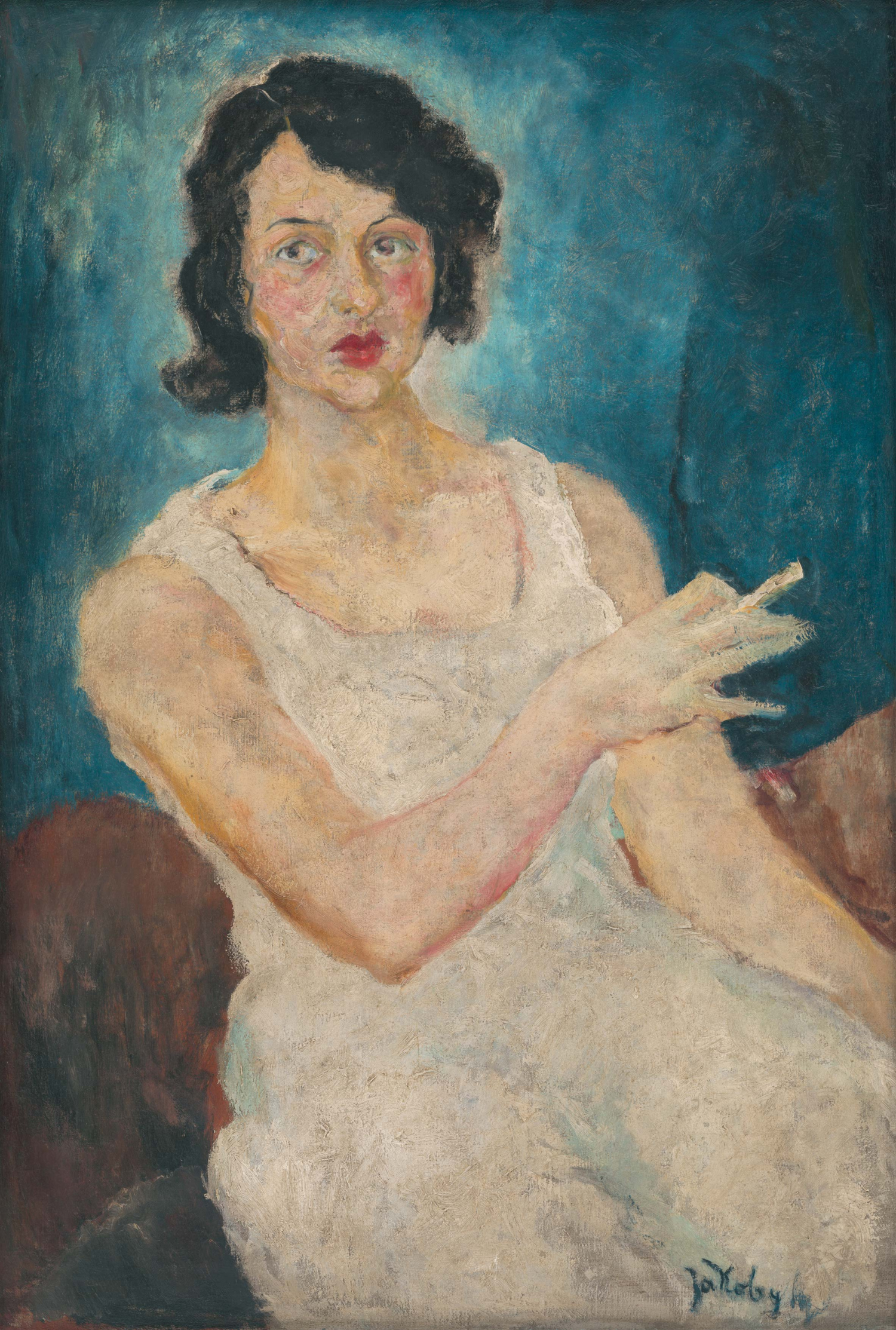 Portret kobiety w białej halce, z krótkimi brązowymi włosami na niebiesko-brązowym tle, autor  obrazu 