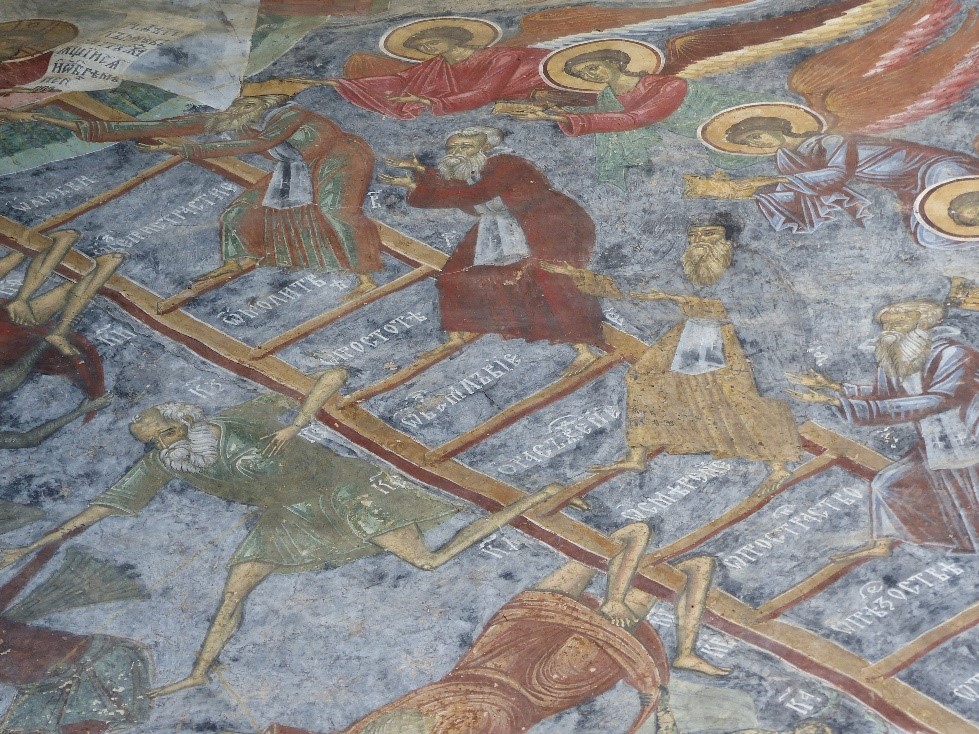 Zbliżenie na ścianę północną monasteru Suceviţa z przedstawieniem Drabiny do Raju