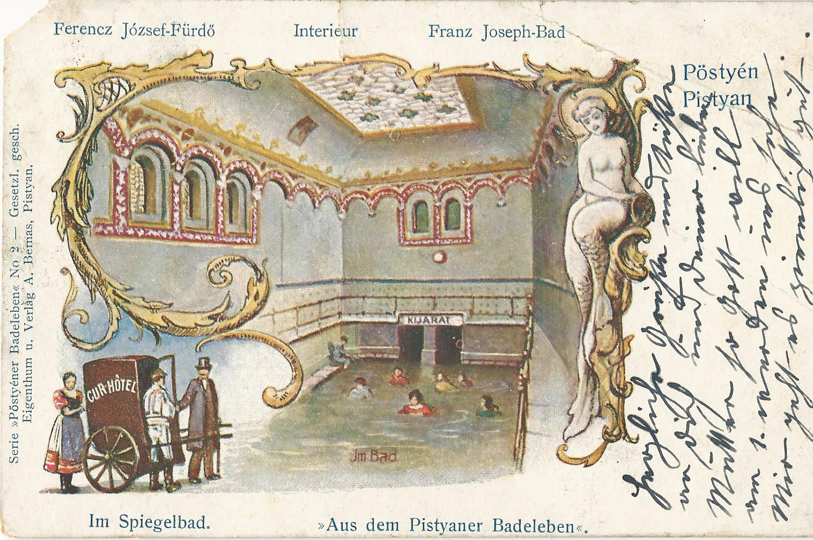 Łaźnie Franciszka Józefa w Pieszczanach, pocztówka z 1909 roku, w zbiorach Węgierskiego Muzeum Handlu i Turystyki w Budapeszcie (Magyar Kereskedelmi és Vendéglátóipari Múzeum) via Europeana.