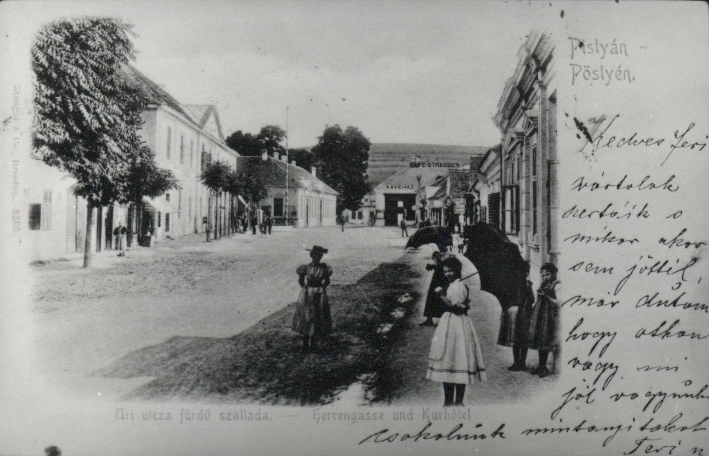 Pocztówka z Pieszczan, 1899 rok, w zbiorach Węgierskiego Muzeum Handlu i Turystyki w Budapeszcie (Magyar Kereskedelmi és Vendéglátóipari Múzeum) via Europeana.