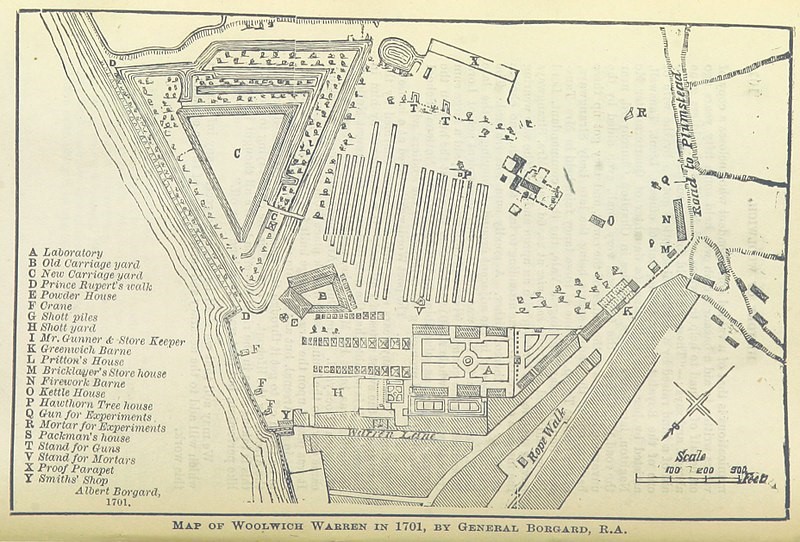 Mapa kompleksu przemysłowego the Woolwich Warren z 1701 roku.