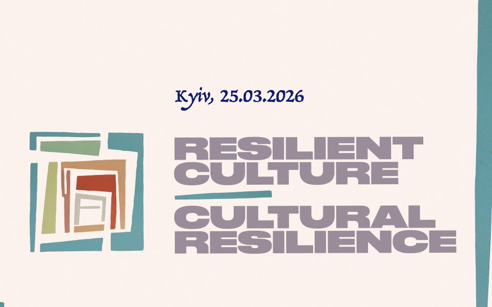 Grafika promująca wydarzenie Resilient Culture Cultural Resilience w Kijowie z datą 25 marca 2026 oraz abstrakcyjnym kolorowym motywem geometrycznym po lewej stronie