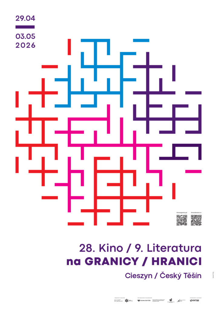 Plakat festiwalu Kino i Literatura na Granicy w Cieszynie i Czeskim Cieszynie, daty 29 kwietnia do 3 maja 2026, abstrakcyjna kolorowa grafika przypominająca sieć połączeń lub labirynt, tytuł 28 Kino i 9 Literatura na Granicy Hraničí