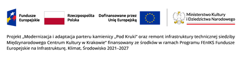 Logotypy: Fundusze Europejskie, Rzeczpospolita Polska, Dofinansowane przez Unię Europejską, MKiDN. Pod spoden napis informujący projekcie modernizacji i adaptacji kamienicy Pod Kruki.
