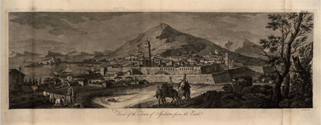 Widok Splitu, rycina Francesca Bartolozziego do słynnej księgi Roberta Adama „Ruins of the palace of the Emperor Diocletian at Spalatro in Dalmatia”.
