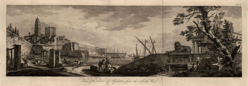 Otwierający się na morze portyk pałacu Dioklecjana, rycina Francesca Bartolozziego do księgi Roberta Adama „Ruins of the palace of the Emperor Diocletian at Spalatro in Dalmatia”.