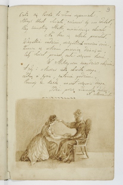 Albumik Marii Łubieńskiej z lat ok. 1805 – ok. 1845. Tu wpis lekarza Stanisława Morawskiego. Ilustracja przedstawiać ma pianistkę Marię Szymanowską z jedną z córek.