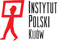 Logo Instytutu Polskiego w Kijowie — czerwony znak graficzny w formie stylizowanej litery „P” z motywem przypominającym sylwetkę człowieka z ramą w okolicach głowy, obok czarny napis z nazwą Instytutu.