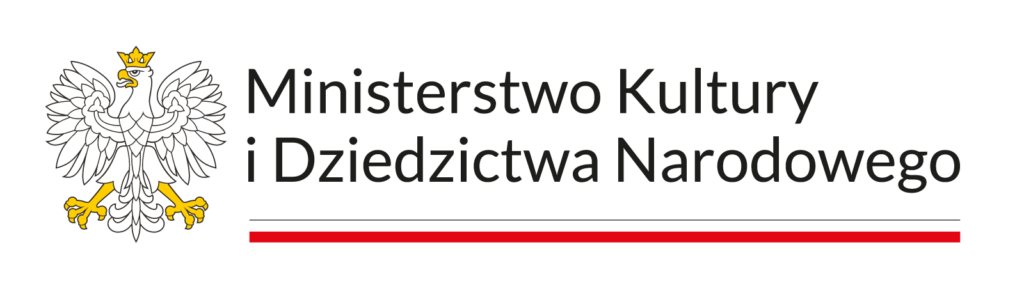 Logo Ministerstwa Kultury i Dziedzictwa Narodowego. Po lewej widoczny jest wizerunek białego orła w koronie, a po prawej nazwa ministerstwa w kolorze czarnym, podkreślona cienką szarą i czerwoną linią.